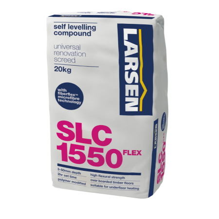 Larsen 1550 Flex Universal Fibre Levelling Compound, flexible self-levelling floor compound for 3–50mm depths, suitable for underfloor heating and varied substrates.