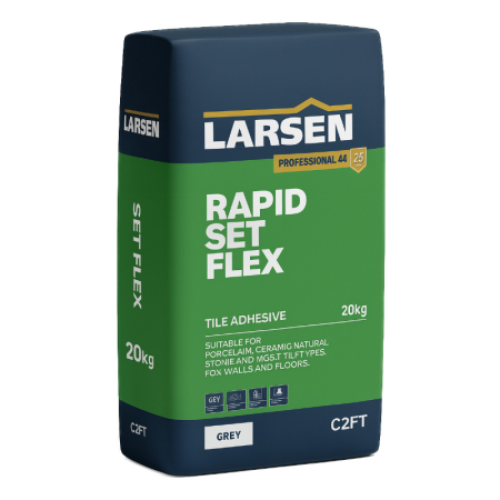 Larsen Flex Rapid Set Grey Tile Adhesive, flexible cement-based adhesive for fast installation of ceramic, porcelain, and natural stone tiles on floors and walls.