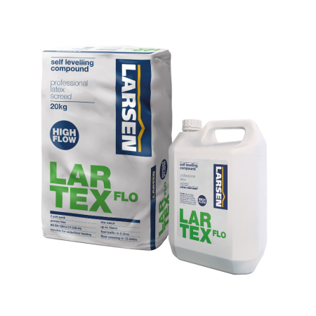 Larsen Levelling Compound Lartex Flow Bag and Bottle, self-smoothing floor compound for 0–10mm depth, ideal for creating smooth, level subfloors before tiling.