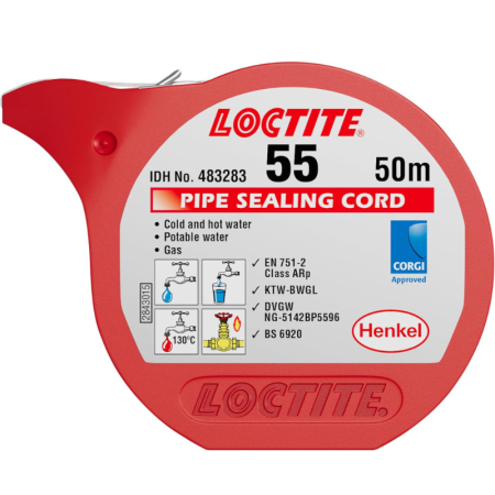 Loctite 55 pipe sealing cord 50m, designed for reliable sealing of metal and plastic threaded fittings in plumbing and heating systems.