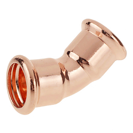 Copper 45-degree elbow for M-Press fittings, connects copper pipes securely.