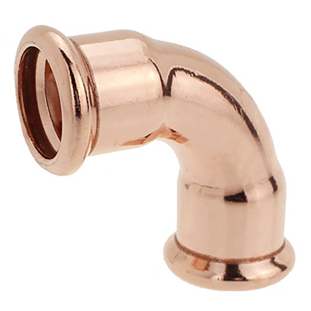 Copper 90-degree elbow for M-Press fittings, changes direction of copper pipes securely.