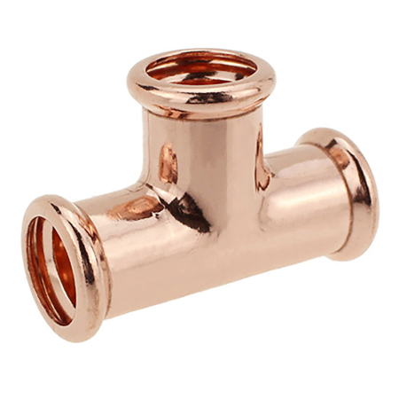 Copper equal tee for M-Press fittings, connects copper pipes in three directions securely.