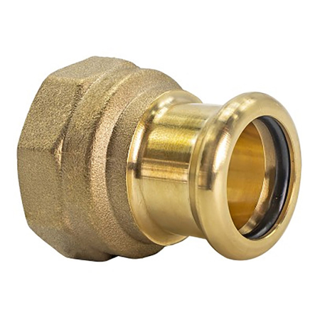 Brass female coupler for M-Press fittings, connects copper pipes to threaded fittings securely.