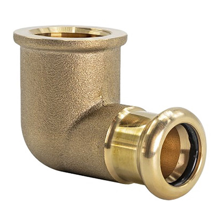 Brass 90-degree female elbow for M-Press fittings, connects copper pipes to threaded fittings securely.
