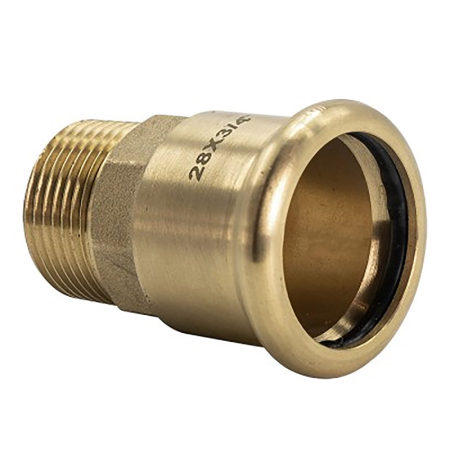 Brass male coupler for M-Press fittings, connects copper pipes to threaded fittings securely.