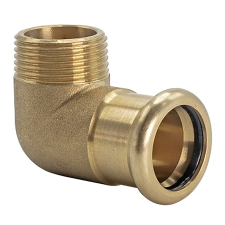 brass 90-degree male elbow for M-Press fittings, connects copper pipes to threaded fittings securely.