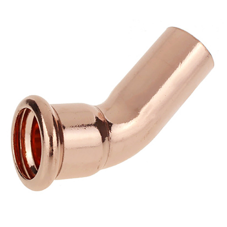 Copper 45-degree street elbow for M-Press fittings, connects copper pipes securely.