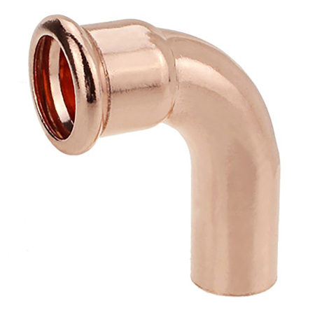 Copper 90-degree street elbow for M-Press fittings, connects copper pipes securely.