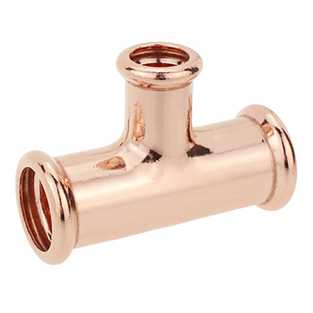 Copper reducing tee for M-Press fittings, connects copper pipes of different sizes securely.