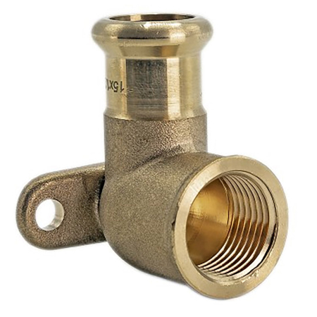 Brass wall plate elbow for M-Press fittings, connects copper pipes to wall-mounted outlets securely.