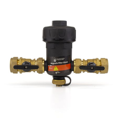 Kudos Trading 22mm magnetic filter, designed to capture metal particles and protect central heating systems from sludge and corrosion buildup.