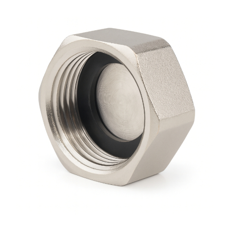 Kudos Trading manifold Eurocone end cap brass fitting for sealing unused Eurocone connections on underfloor heating manifolds, ensuring secure and leak-free closure.