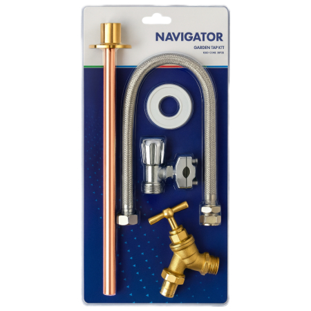 Outside tap kit with wall plate and fittings, designed for easy installation of external water access for garden or outdoor use.