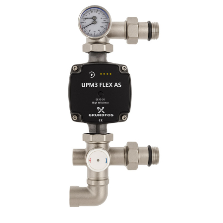 Grundfos UPM3 Flex AS pump and mixing valve set for water underfloor heating systems, high-efficiency circulation pump with thermostatic control assembly.
