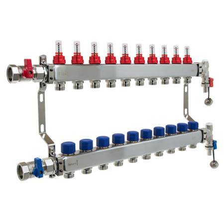 Reliance 10 port manifold for underfloor heating systems, durable stainless steel unit featuring flow meters and isolation valves for balanced heat distribution.