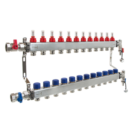 Reliance 12 port manifold for underfloor heating systems, durable stainless steel unit featuring flow meters and isolation valves for balanced heat distribution.