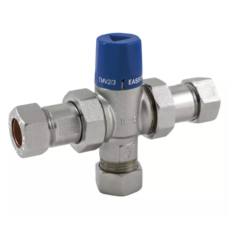 Reliance 15mm Easifit TMV2/3 2-in-1 thermostatic mixing valve for precise water temperature control and safe, efficient plumbing installations.
