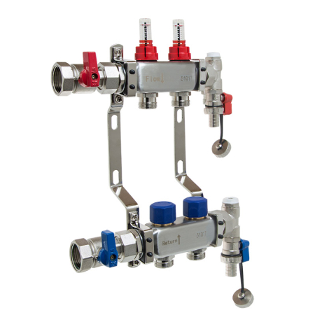 Reliance 2 port manifold for underfloor heating systems, durable stainless steel unit featuring flow meters and isolation valves for balanced heat distribution.