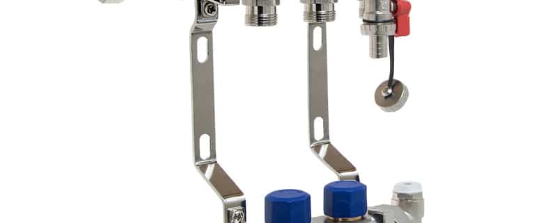 Reliance 2 port manifold for underfloor heating systems, durable stainless steel unit featuring flow meters and isolation valves for balanced heat distribution.