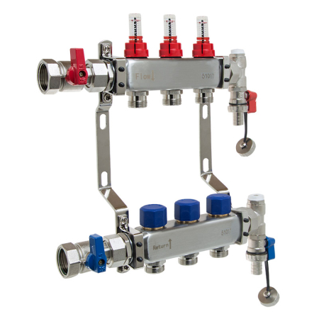 Reliance 3 port manifold for underfloor heating systems, durable stainless steel unit featuring flow meters and isolation valves for balanced heat distribution.