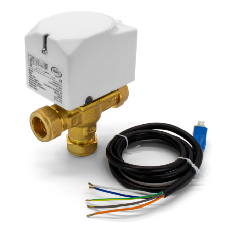 Text: Reliance 3-port zone valve with motorised actuator for precise control of water flow in heating and hot water systems.