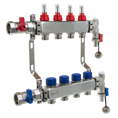 Reliance 4 port manifold for underfloor heating systems, durable stainless steel unit featuring flow meters and isolation valves for balanced heat distribution.