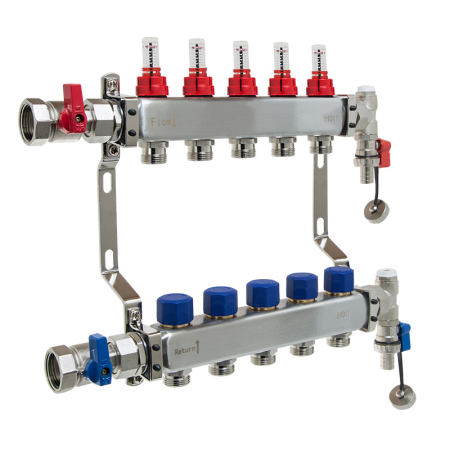Reliance 5 port manifold for underfloor heating systems, durable stainless steel unit featuring flow meters and isolation valves for balanced heat distribution.