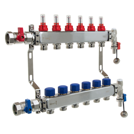 Reliance 6 port manifold for underfloor heating systems, durable stainless steel unit featuring flow meters and isolation valves for balanced heat distribution.