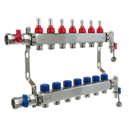 Reliance 7 port manifold for underfloor heating systems, durable stainless steel unit featuring flow meters and isolation valves for balanced heat distribution.