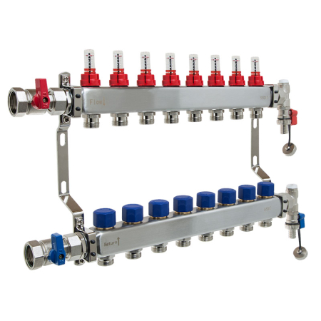Reliance 8 port manifold for underfloor heating systems, durable stainless steel unit featuring flow meters and isolation valves for balanced heat distribution.