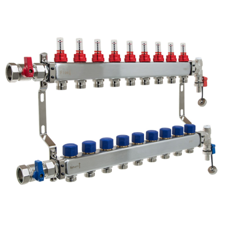 Reliance 9 port manifold for underfloor heating systems, durable stainless steel unit featuring flow meters and isolation valves for balanced heat distribution.