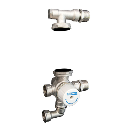 Reliance Thermoguard pump station blending valve for water underfloor heating systems, compact brass unit with integrated thermostatic control.