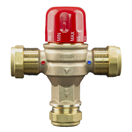 Reliance Heatguard UFH 28mm thermostatic blending valve for underfloor heating systems, brass body with adjustable temperature control.
