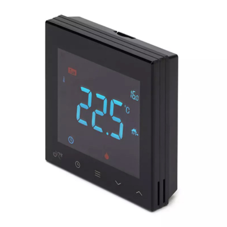 Reliance STAT100020 battery-powered RF programmable thermostat in black, wireless controller for managing water underfloor heating systems.