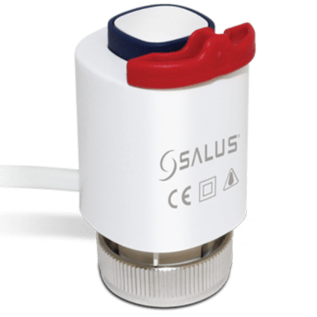 Salus underfloor heating manifold actuator, compact 230V thermal motorised valve for precise zone control in heating systems.