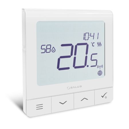 Salus SQ610RF Quantum wired programmable thermostat white, modern slimline controller for efficient scheduling of water underfloor heating systems.