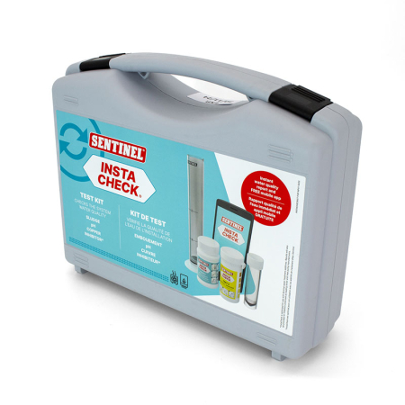 Sentinel Insta Check Kit water testing kit in a grey‑blue carry case with handle, containing test kit and small bottles for rapid water analysis.
