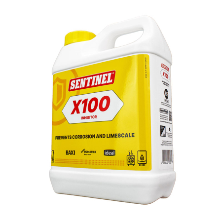 Sentinel X100 inhibitor 1 L container for central heating systems, white jug with yellow cap and red‑yellow label.