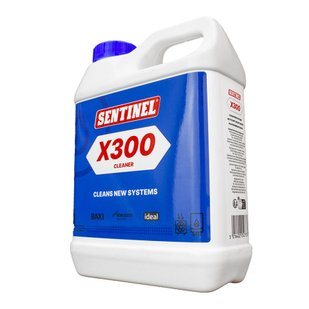 Sentinel X300 New System Cleaner 1 L for removing flux grease, oil and installation debris, white jug with purple cap and blue X300 label.