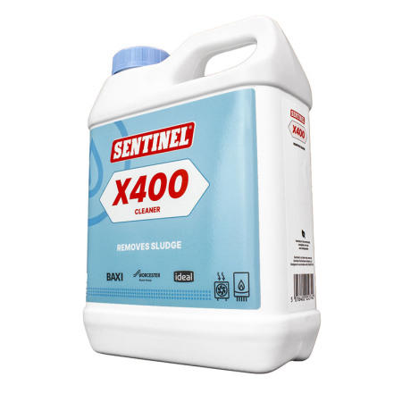 Sentinel X400 sludge remover cleaner 1 L bottle for central heating systems, turquoise‑blue container with white handle and red X400 label.