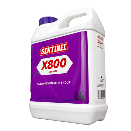 Sentinel X800 1h Cleaner 1 L bottle for rapid cleaning of older central heating systems, white jug with purple cap and bold purple X800 label.