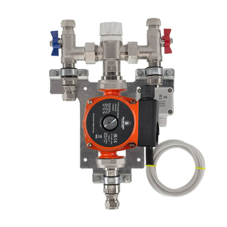 single zone control pack with Bastion pump for underfloor heating systems, reliable mixing valve and manifold unit for efficient temperature regulation