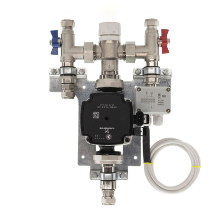 Kudos Trading 1-port underfloor heating manifold with Grundfos pump, compact unit providing efficient water flow control and balanced heating distribution.