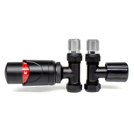 Kudos Trading TRV straight black thermostatic radiator valve and lock shield set 15mm, for precise heating control and modern radiator installations.