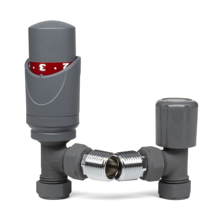 Kudos Trading TRV angled grey thermostatic radiator valve and lock shield set 15mm, for efficient temperature control and contemporary radiator systems.