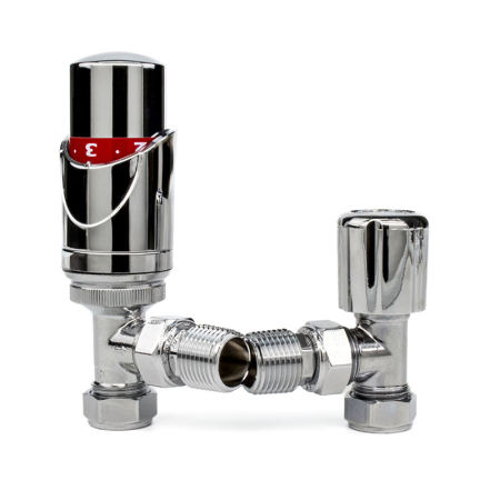 Kudos Trading TRV angled silver thermostatic radiator valve and lock shield set 15mm, providing precise temperature control for stylish radiator systems.