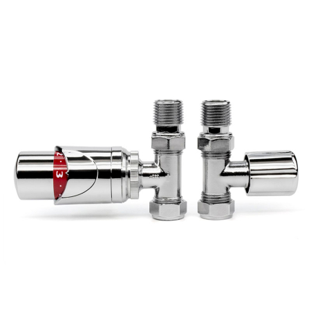 Kudos Trading TRV straight silver thermostatic radiator valve and lock shield set 15mm, for efficient heat regulation and modern radiator installations.