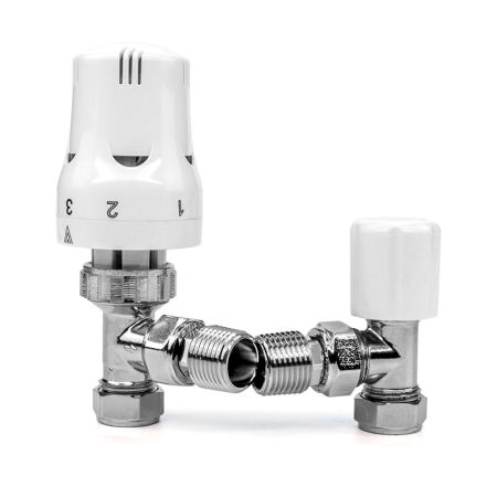 Kudos Trading TRV angled white thermostatic radiator valve and lock shield set 15mm, offering precise heating control for contemporary radiator systems.
