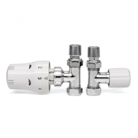 Kudos Trading TRV straight white thermostatic radiator valve and lock shield set 15mm, designed for accurate temperature control in modern radiator setups.